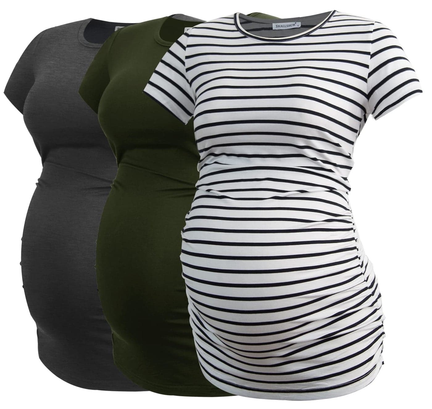 Smallshow Womens Maternity Shirt Side Ruched Tunic Pregnancy Top Clothes 3Pack Dim GreyArmy GreenWhite Stripe Small