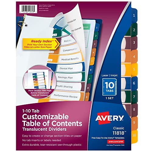 Avery Plastic 10 Tab Binder Dividers, Customizable Table of Contents, Multicolor Tabs, 1 Set (11818)