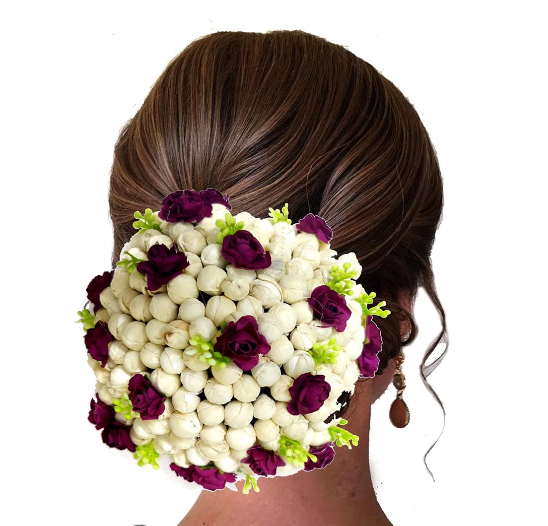 Hair Flare Artificial Mogra with Rose Flower Design Rounded Hairpin/Judapin/Juda Bun Bridal Hair Accessories For Women and Girls- Maroon, 2238 1 count (Pack of 1)