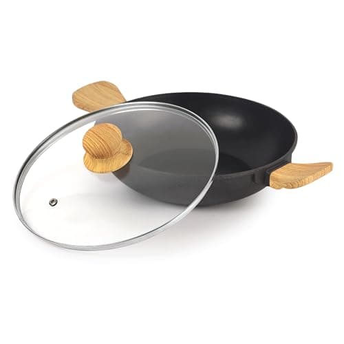 CELLO Castello Die Cast Induction Aluminium Kadhai with Glass Lid 24 Cm, 4 mm Thickness | Induction Base Kadhai | Wooden Handle | Scratch Resistant | Dishwasher Safe | Black