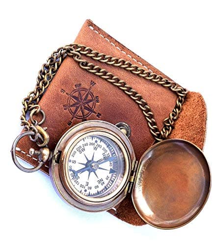 Handmade Nautical Brass Push Open Compass On Chain with Leather Case Pocket Compass Gift Compass Rustic Vintage Home Decor Gifts
