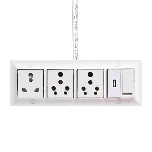 ELEGANT CASA 16 amp Electric Extension Board Heavy Duty Multi-Plug 3 Sockets Switch with USB high Power Extension Box (2500w) Power Strip with 5 M Extension Cord Long Length Wire Plug (White) 220 V