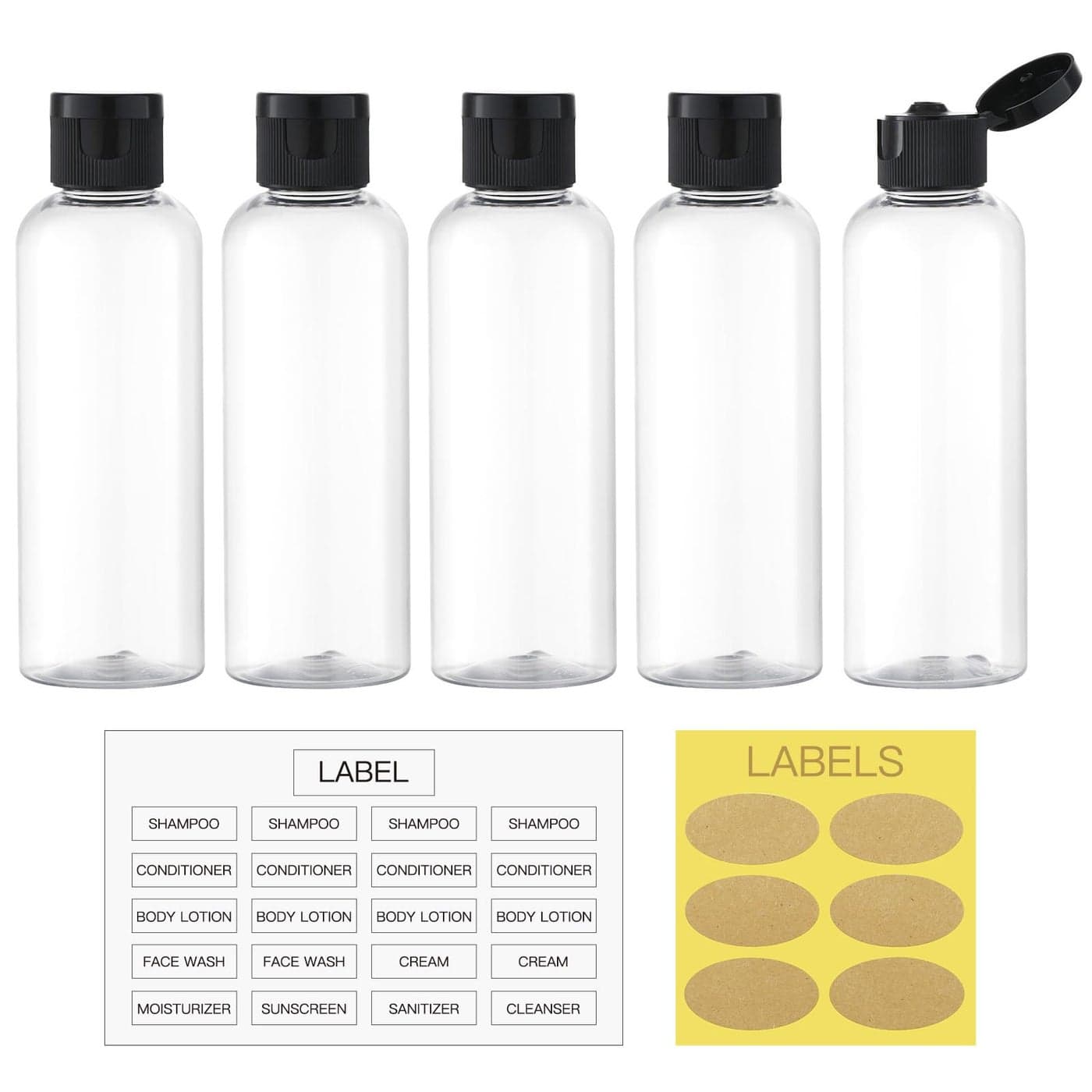 LISAPACK 3.4 oz Travel Bottles for Toiletries, 5pcs Travel Containers for Shampoo Tsa Approved, Plastic Empty Travel Size Bottles (100ml, Clear)