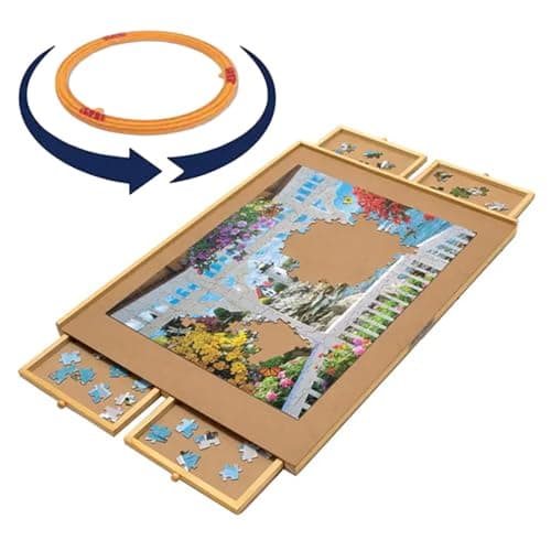 Bits and Pieces Rotating Puzzle Board with Drawers Jigsaw Puzzle Board 1000 Pieces 22 Inch x 30 Inch Spinning Wooden Tray Table with 4 Organizing Piece Sorting Trays Portable Storage for Puzzles