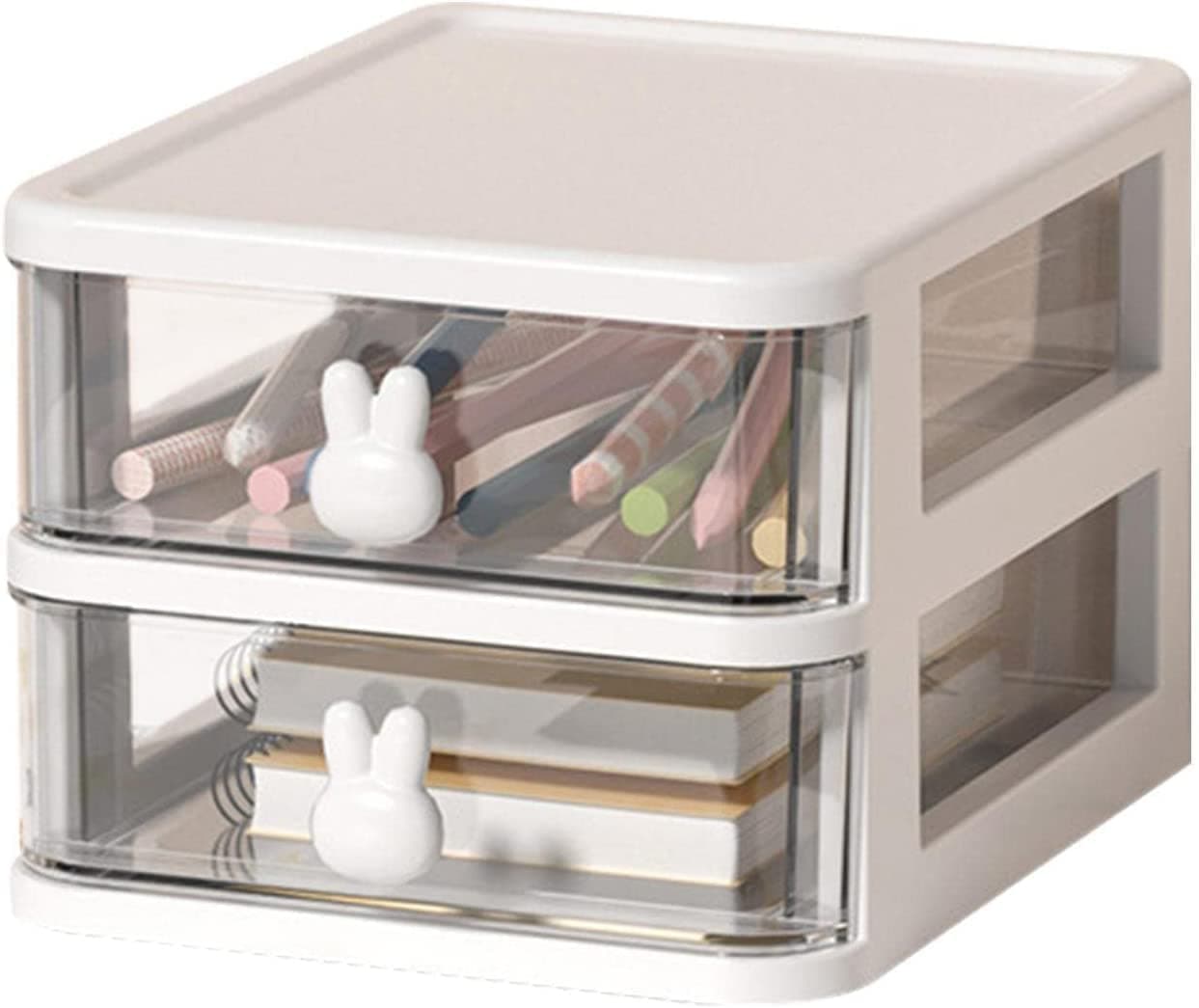 House of Quirk 2 Tier Transparent Cosmetic Jewelry Box, Office Desktop Drawer Storage Box, Plastic Multi-Layer Small Storage Box (White)