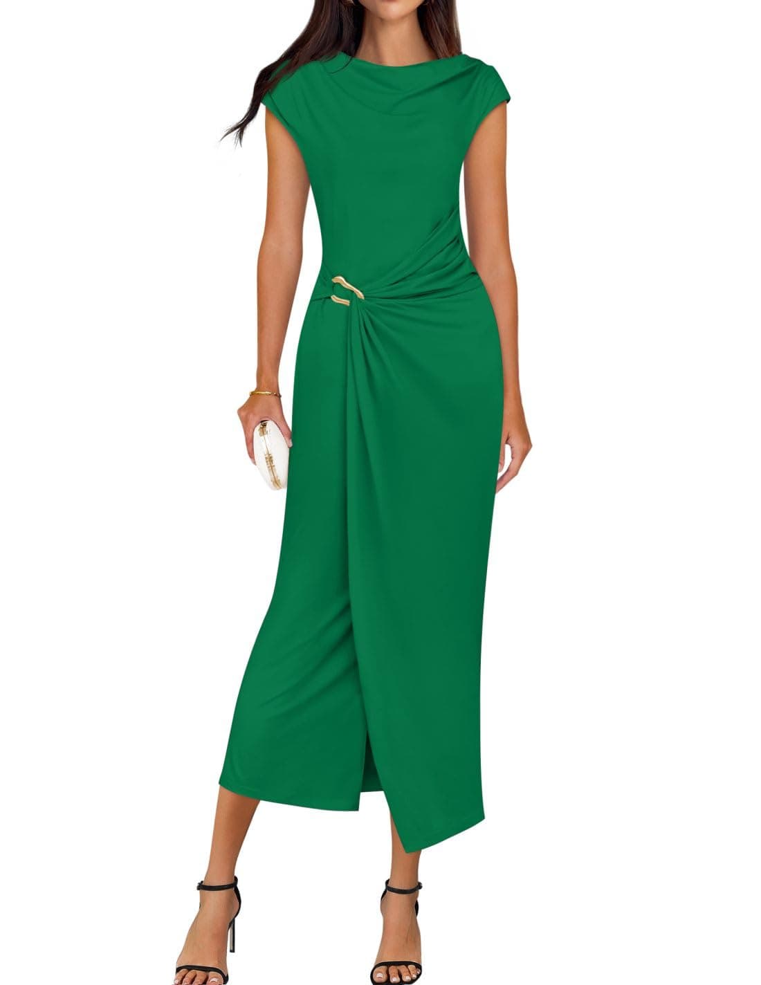 ZESICA Womens 2025 Summer Mock Neck Casual Bodycon Dress Cap Sleeve Elegant Cocktail Party Long Midi DressesGreenMedium