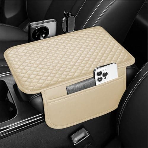 Lyrovo PU Leather Car Armrest Cushion Pad With Side Pockets, Universal Fit for All Car (Beige)
