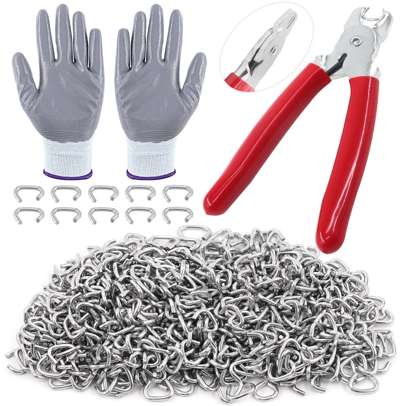 Tanstic 1001Pcs 38 Hog Rings and Hog Ring Plier Kit 1000Pcs Galvanized Hog Rings and Hog Ring Plier with Cut Resistant Gloves for Bungee Animal Pet Cages Bagging Fencing and Furnitures