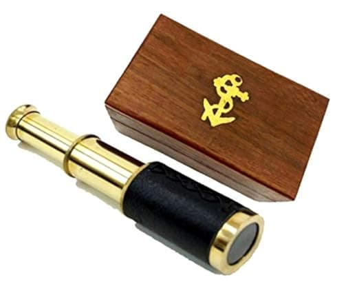 6" Brass Handheld Telescope with Wooden Box - Pirate Navigation with Anchor Wooden Box Rustic Vintage Home Decor Gifts