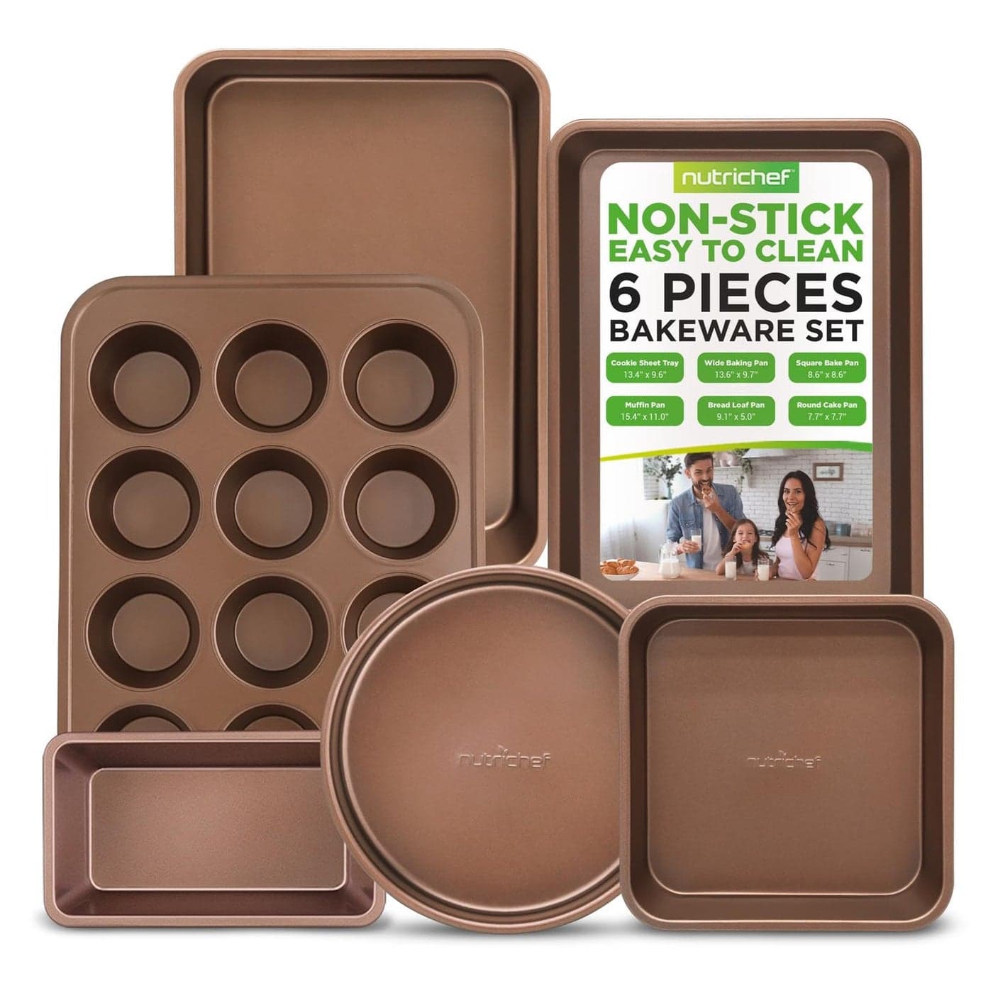 NutriChef 6Piece Nonstick Bakeware Set Premium Carbon Steel Baking Pans Includes Cookie Sheets Square Round Roasting Pans 12Cup Muffin Loaf Pan Easy to Clean Gold