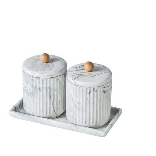 Redelaenor Marble Small Bathroom Jar Set ,Ceramic Cotton Swabs Holder with Lid and Dresser Organizer Set Tray for Storage and Organizing in Bathroom, Dresser, Kitchen, Office