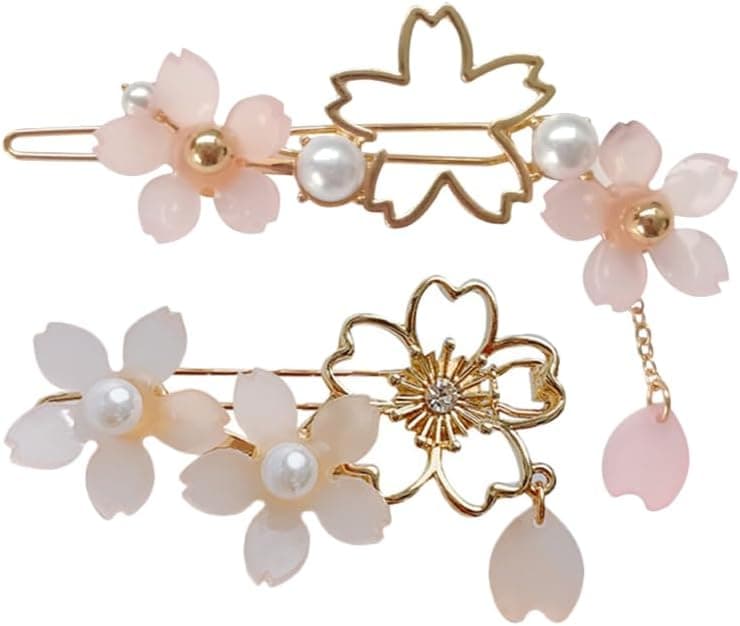 FRCOLOR Japanese Cherry Blossom Hairpins 2Pcs Flower Hair Clips with Dangle Charm for Women Girls Bridal Party Hair Accessories