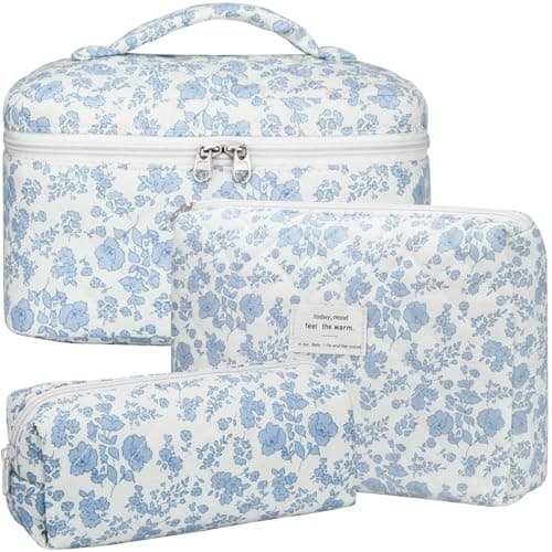 BuyCard Quilted Makeup Bag Set 3Pcs Cotton Floral Cosmetic Bags Cute Aesthetic Coquette Makeup Bag Travel Cosmetic Organizer with Toiletry Pouch Brush Holder for Women Blue Flower