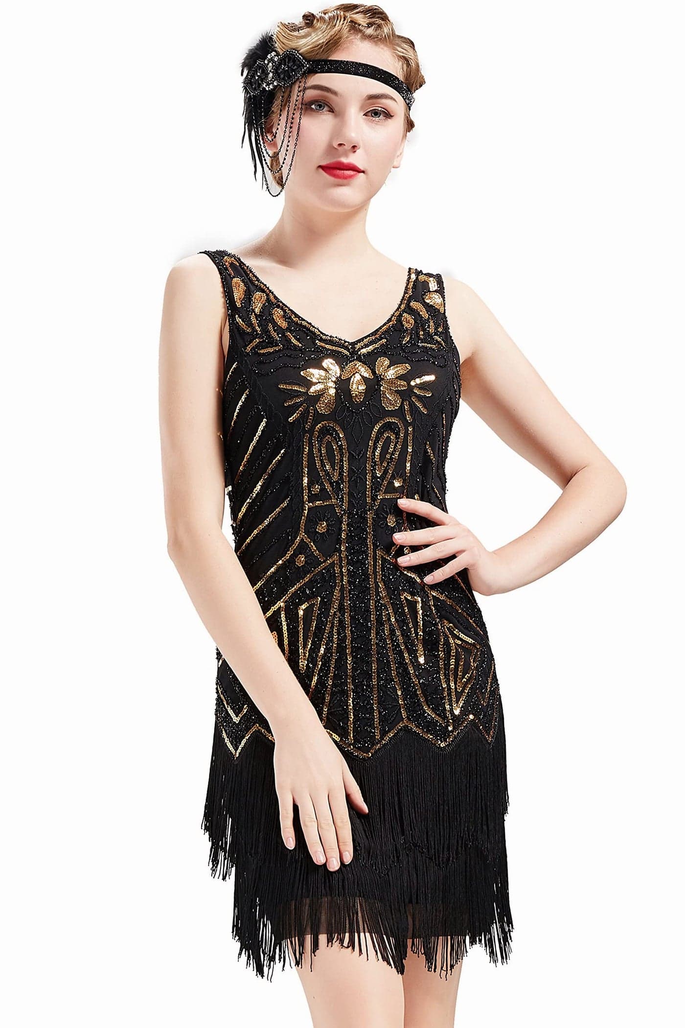 BABEYOND Womens Flapper Dresses 1920s V Neck Beaded Fringed Great Gatsby Dress Gold Black