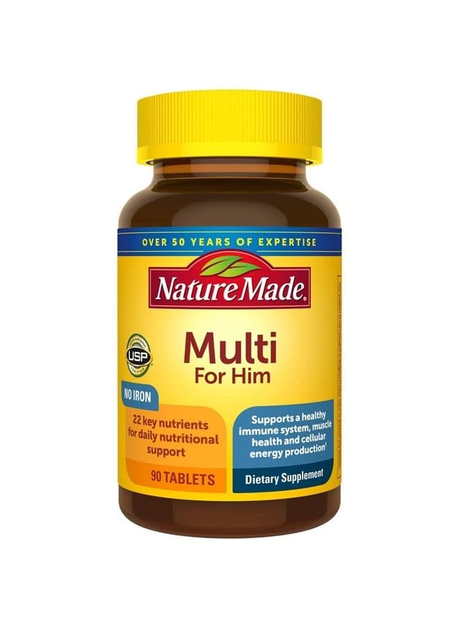 Multivitamin For Him with No Iron, Men's Daily Nutritional Support, 90 Tablets, 90 Day Supply