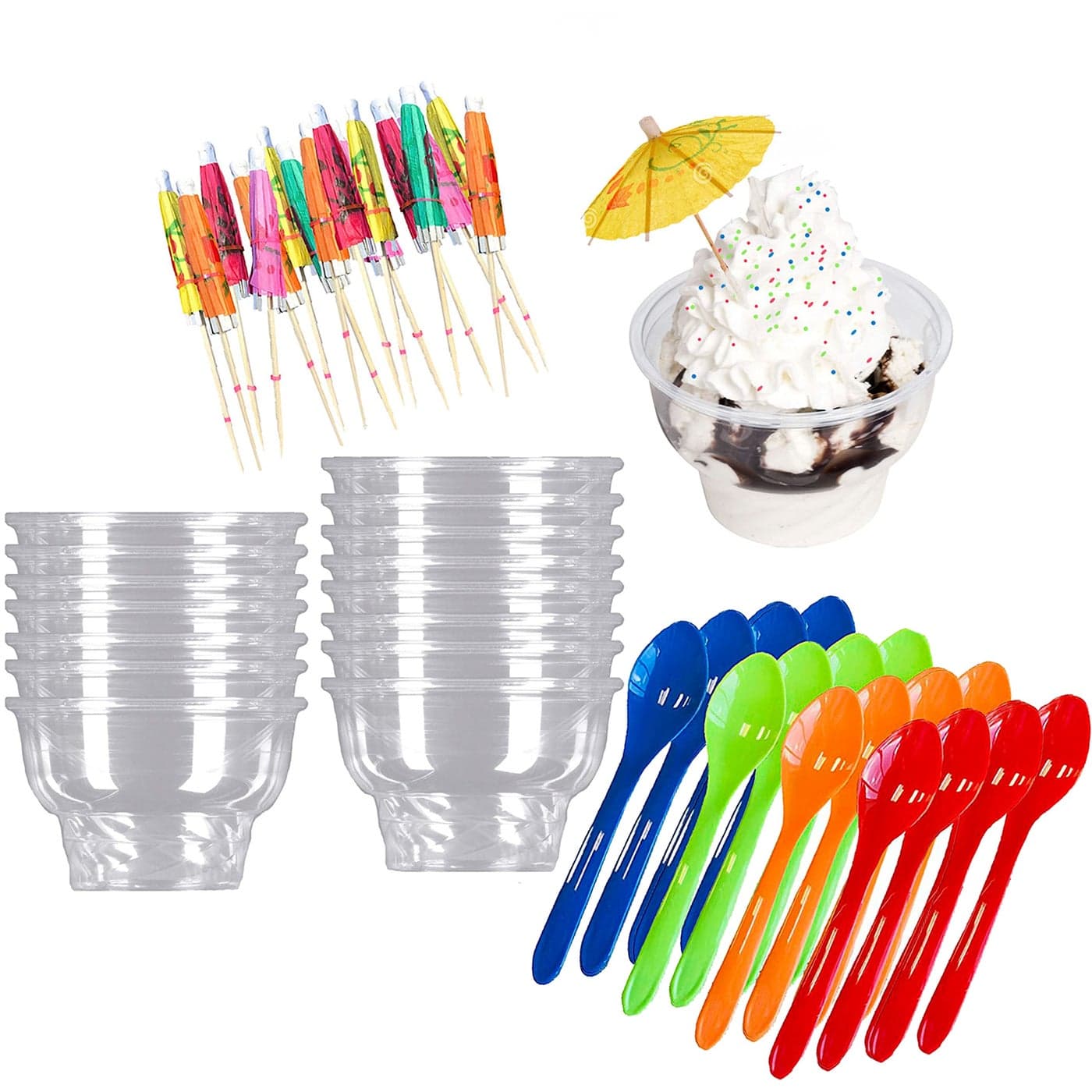 Outside the Box Papers Clear Plastic 8 Ounce Dessert Dishes Cups Bowls Spoons Paper Umbrella Picks Ice Cream Sundae Kit for 16 Brand