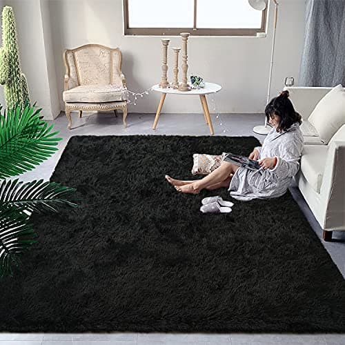 DweIke Fluffy Black Rugs for Bedroom Living Room, 3x5 Feet Soft Plush Shaggy Dark Girls Boys Kids Rug, Non-Slip and Machine Washable Carpet for Dorm Nursery Classroom Decor