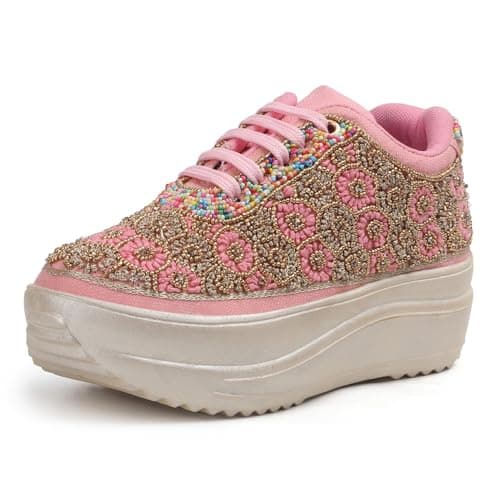 Vendoz Women Hand Embroidery Wedding Party Bridal Floral High Heel Sneakers I Cushioned Insole I Comfortable Wear Wedge Shoes I for Ladies and Girls Pink