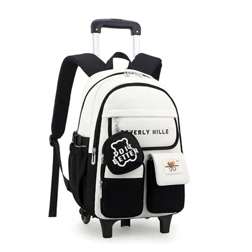 ZHANAO Color-blocking Rolling Backpack for Girls,Kawaii School Bag with Wheels,Trolley Bookbags for Primary Students