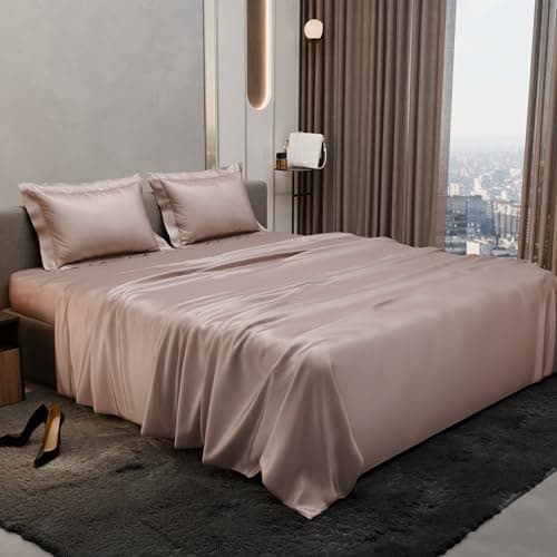 Stoa Paris Satin Bedsheet King Size with 2 Pillow Covers, 300TC Premium Bedsheets King Size, Home Decor, Ultimate Comfort, 274 cm x 228 cm, Date Night -Champagne