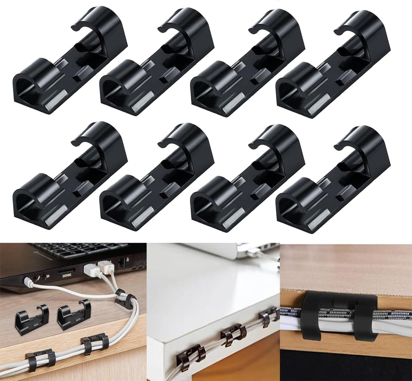 INOVERA (LABEL) 10 Pieces Wire Organizer Cable Management Clip Desktop Cord Hook with 3M Adhesive Foam (Black)