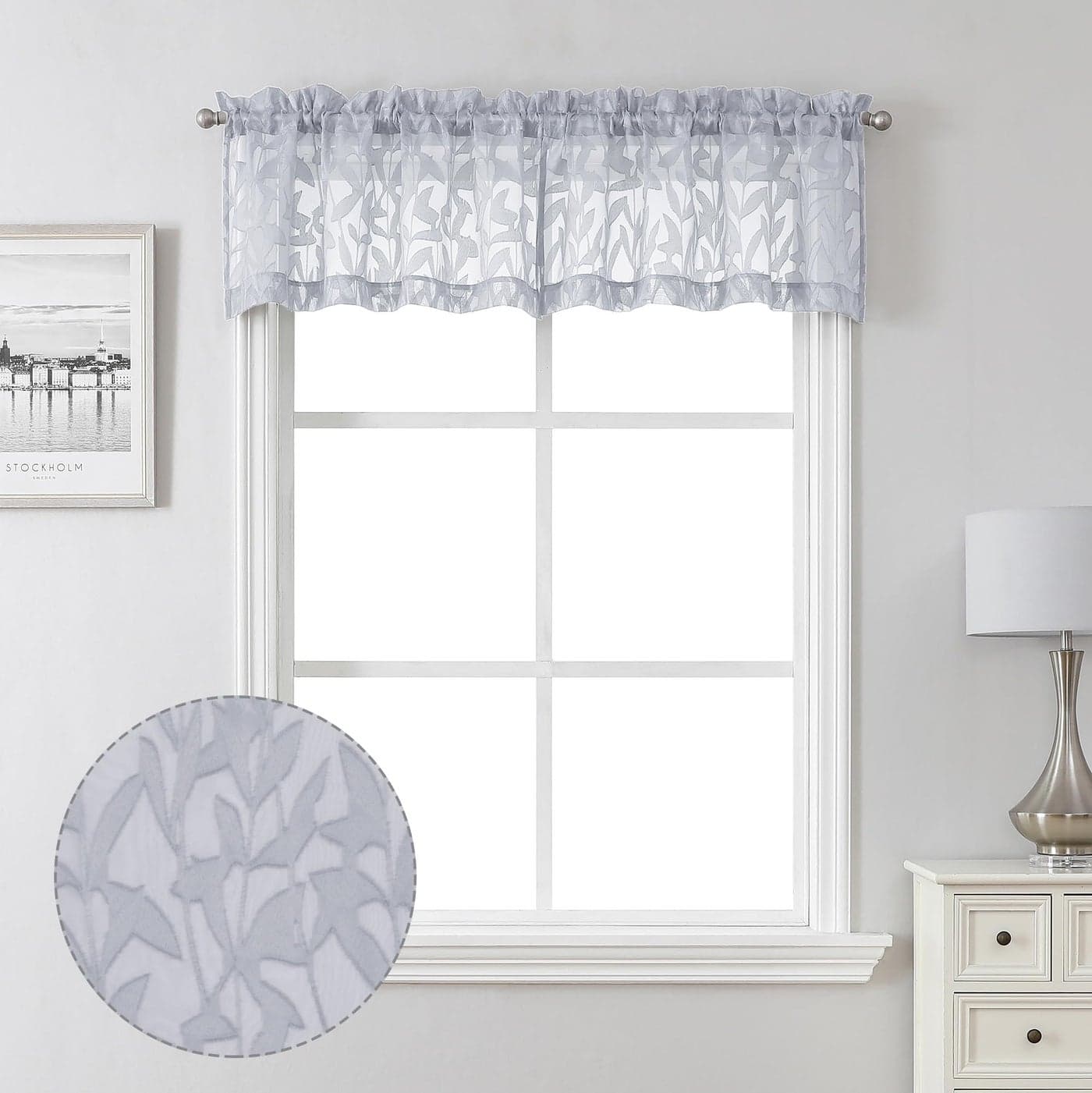 Lecloud Leia Sheer Light Grey Window Curtains for Kitchen 14 Inch Length 2 PCS Dual Rod Pockets Window Living Room Curtain Valance Jacquard Clip Textured Leaf Short Bedroom Drapes 40 W x 14 L