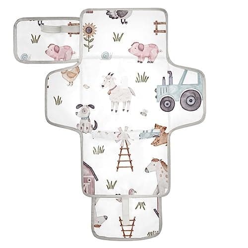 WELLDAY Farm House Animals Portable Diaper Changing Pad Waterproof Foldable Baby Diaper Changing Pad with Builtin Pillow Travel Diaper Changing Mat for Newborn Baby