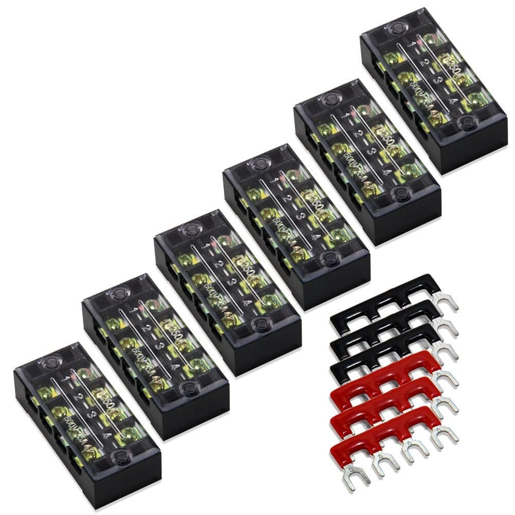 MILAPEAK Terminal Block and Strip - 12pcs (6 Sets) 4 Positions Dual Row 600V 25A Screw Terminal Strip Blocks with Cover + 400V 25A 4 Positions Pre-Insulated Terminals Barrier Strip Black & Red