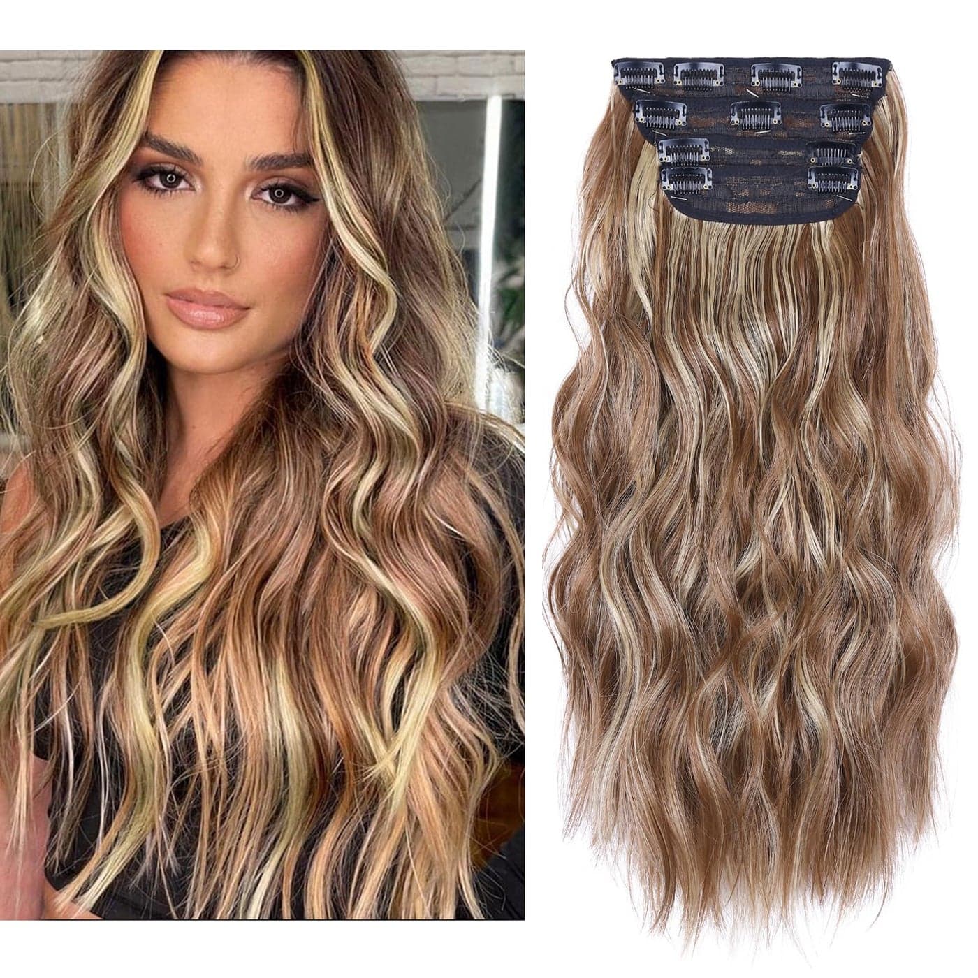 Clip in Hair Extensions 20 Inches Wavy Long Synthetic Hair Extensions Clip ins Soft Color Red Brown with Beige Blonde Highlights