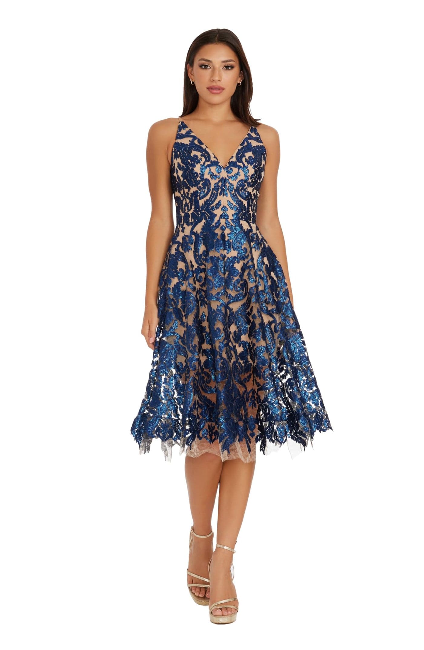 Dress the Population Womens Blair Plunging Fit and Flare Midi Dress Dress NavyNude XL