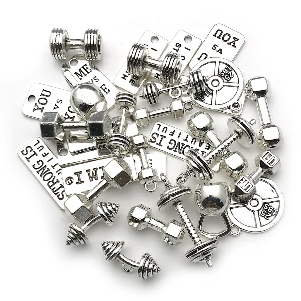 Sports Charms100g about 32pcs Strength Tags Kettle bell dumbbell barbell weight mix charms Sport charm Fit DIY Fitness Necklace Jewelry Making M039