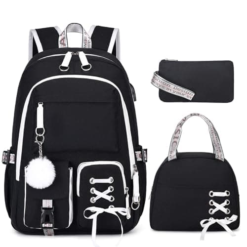 Backpacks for Girls, Girls Backpack with Lunch Box and Pencil Case for Teen Kids Elementary Middle High School College Student, Children Backpack Bookbag with USB Charging Port (Black Pink with Chain)