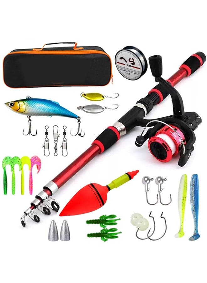 1.8M Telescopic Fishing Rod and Reel Combo with 20 Accessories, Portable Spinning Fishing Pole Kit with Carry Bag, Lures, Floats, Hooks & Line, Complete Fishing Gear Set for Beginners, Red