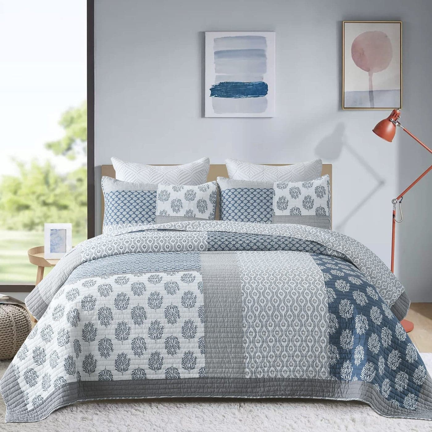 YPLWOMEN Quilts Queen Size 100 Cotton Lightweight Soft Queen Quilt Blue Grey White Quilted Bedspread Patchwork Reversible Quilt Bedding Set All Season 3Pieces1