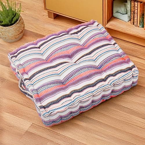 The Furnishers Weaved Quilted Floor Cushion 50x50x10 cm Multi Stripe with Cotton Filler Large Size for Seating, Patio Seat, Meditation, Yoga, Pooja, Guests, Living Room, Bedroom Size - 20x20x4 Inch