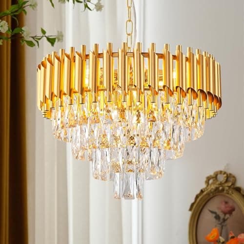 Desidiya Modern Crystal Pendant Light Golden Round Ceiling Light Fixture for Living Room and (Antique, 4Tier 500mm) and 3 Colors Led Plate Included Warm White, Natural Light, Golden Light (500MM)