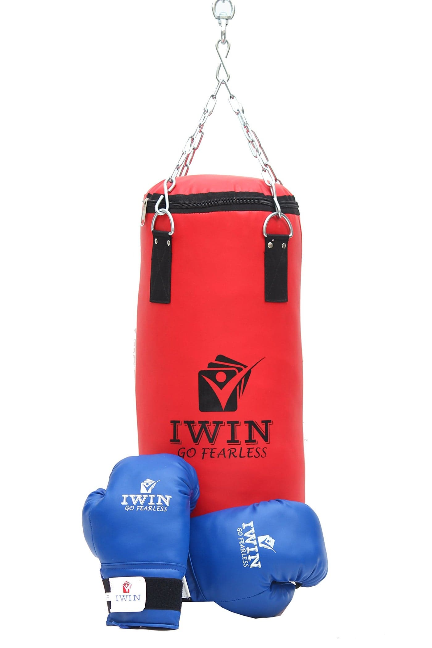 IWIN Unfilled Combo 24" Punching Bag with Chain and Boxing Gloves(Blue Boxing Gloves 8 Oz), Multicolour