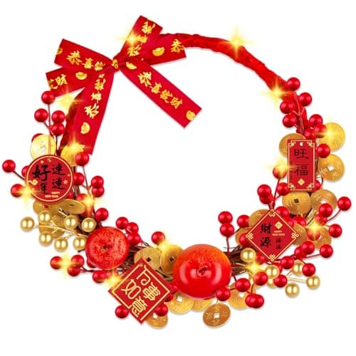 Chinese New Year Wreath with Apples Vine Circle Gold Leaver Flower Wreath Chinese Spring Festival Hanging Ornament for Wall Door Windows Spring Festival Decor