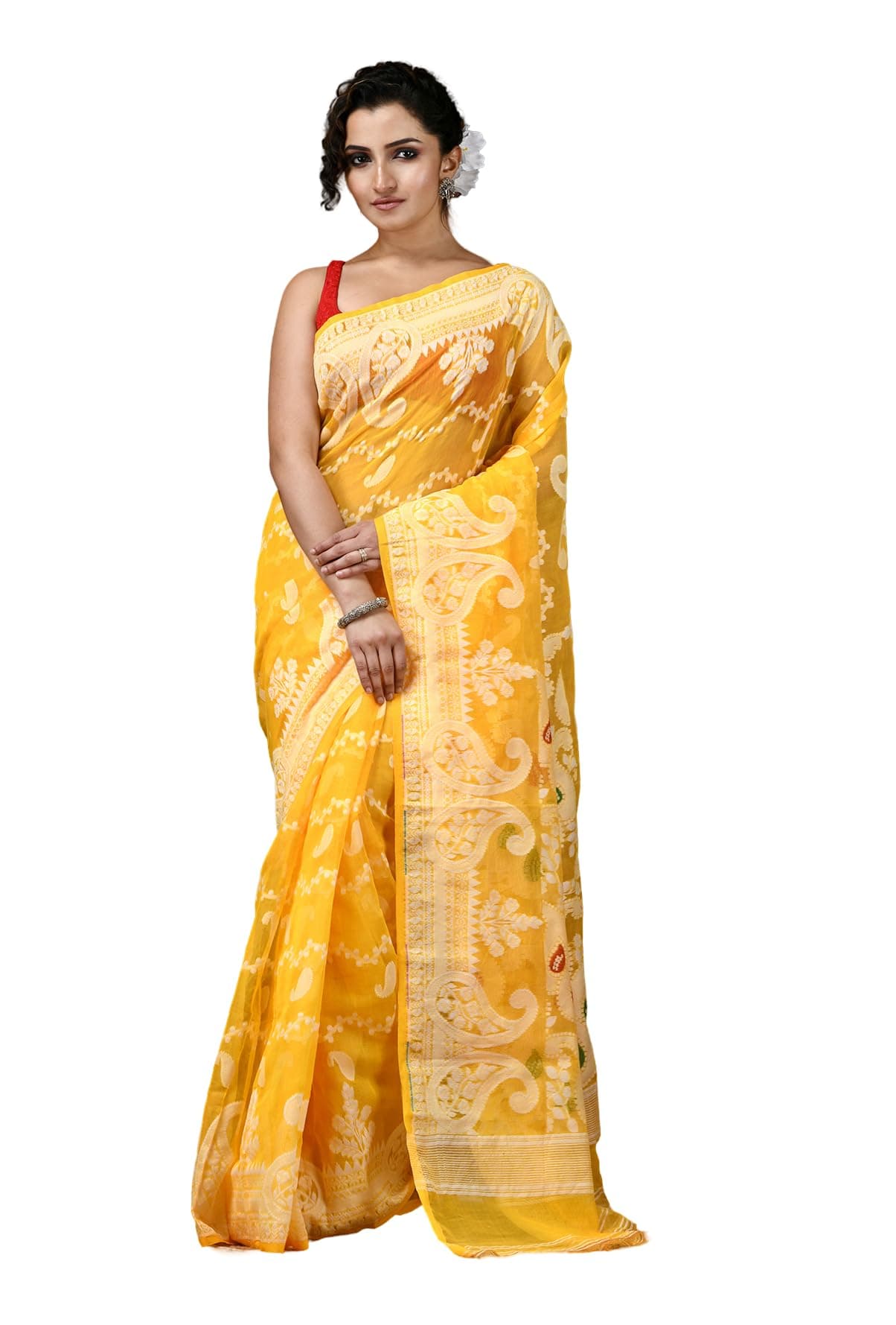 dB DESH BIDESH Women`s Resham Dhakai Jamdani Cotton Handloom Saree Alpana Paisle Kolka Design Jamdani Saree (Yellow)