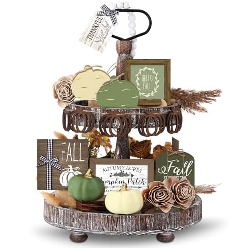 Reallnaive 18 Pcs Fall Thanksgiving Tiered Tray Decor Set Pumpkin Buffalo Plaid Wood Sign Hello Fall Rustic Farmhouse Neutral Tray Decoration Tabletop Sign for Autumn Home Kitchen FestivalSage Green