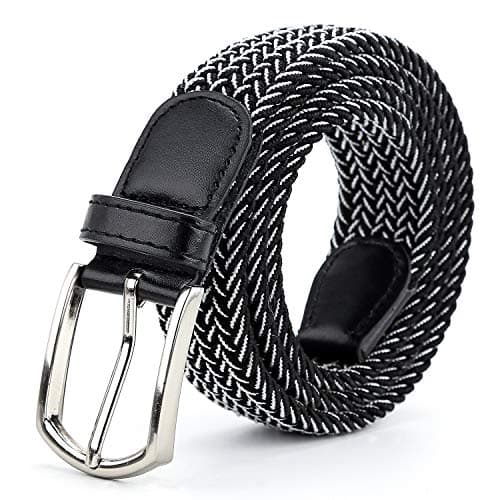 Braided Canvas Woven Elastic Stretch Belts for Men/Women/Junior with Multicolored (Black-White, Large/36-38” Waist)