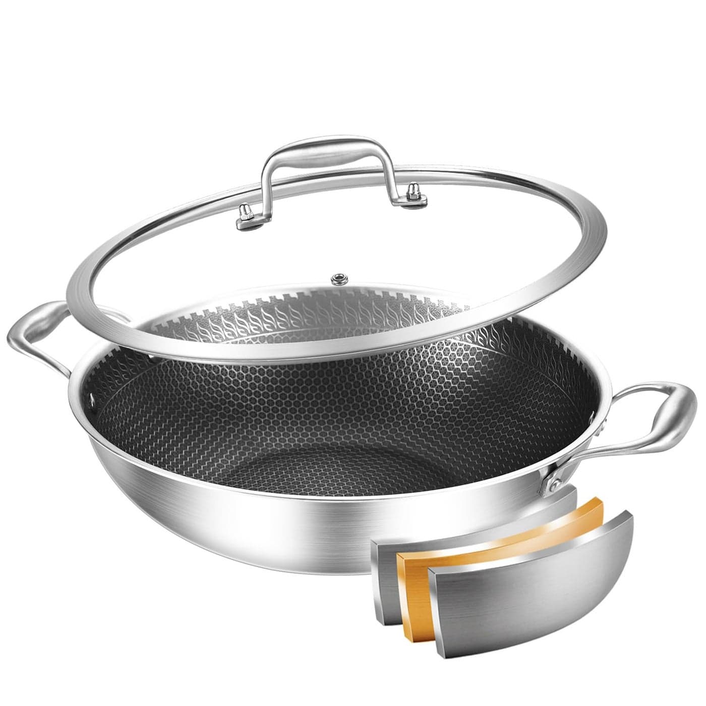 DELARLO Wok Pan With Lid 12 Inch Non stick wokOven Safe Up to 600Woks StirFry Pans NonstickTriPly Stainless Steel Wok 5QT Nonstick Deep Frying Pan Induction Saute Pan With Lid
