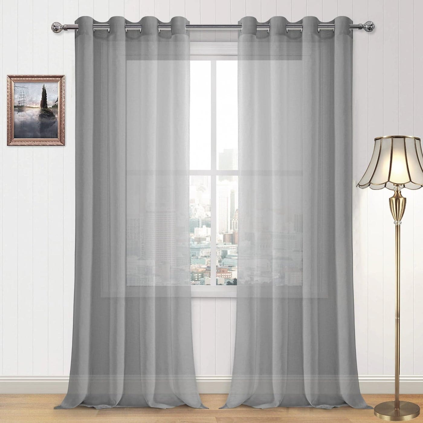 DWCN Sheer Curtains Grey Faux Linen Grommet Curtain for Bedroom 52x 90 Inches Long Set of 2 Panels1 Pair Window Drapes for Living Room