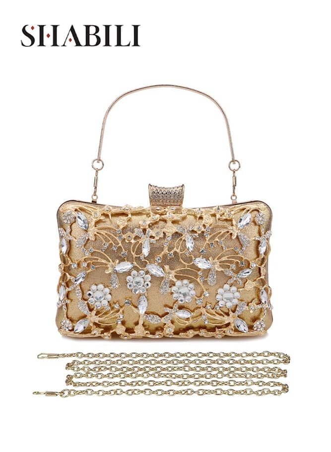Women's Rhinestone Clutch Bag, Ladies Evening Bag for Weddings and Parties, Synthetic Leather with Floral Beads Chain Banquet Bag Shoulder Bag Ladies Bag Handbag, Elegant Gift for Bridesmaids (Gold)