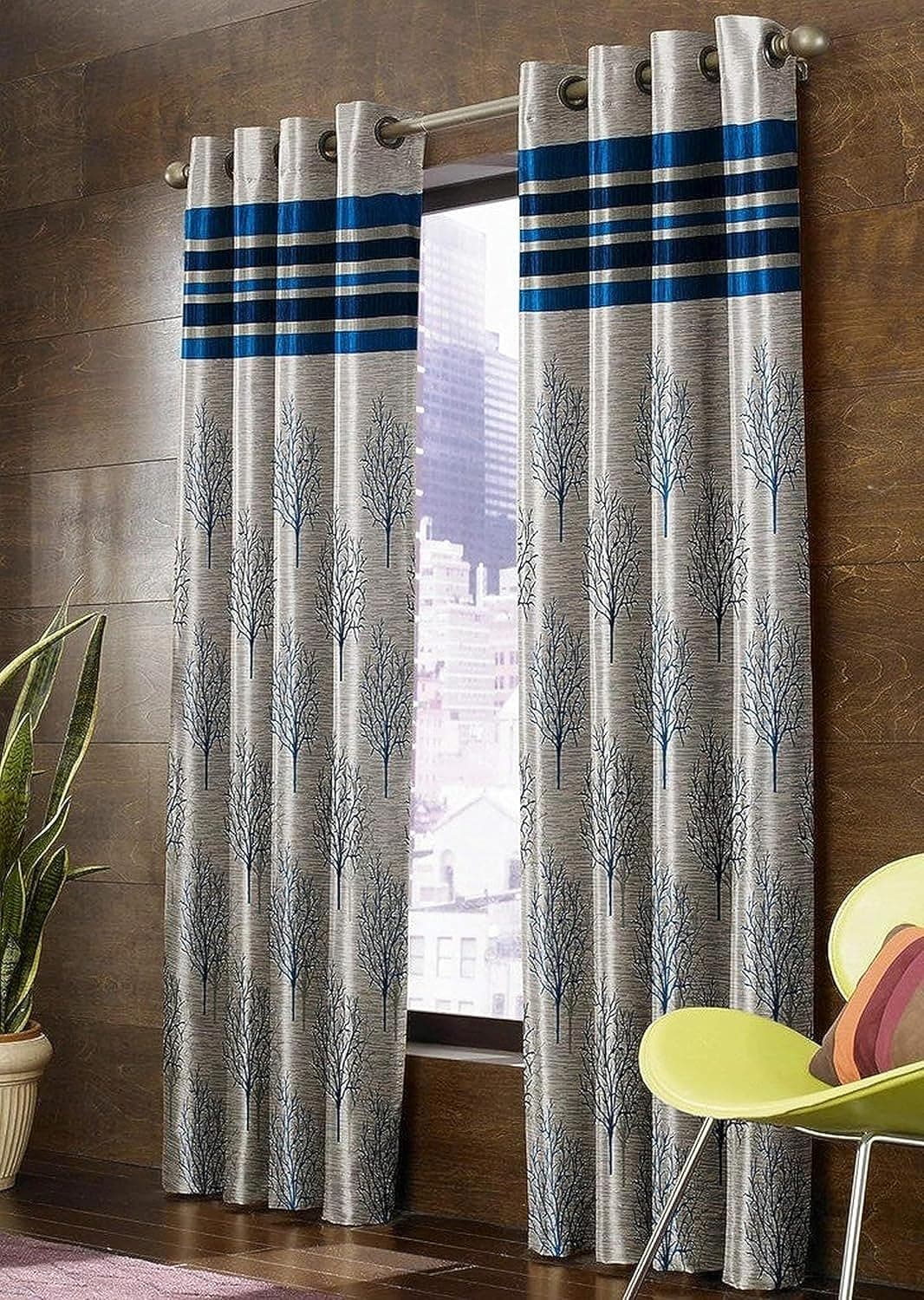 HOME UTSAV 3 Piece Jute Blackout Heavy Jacquard Tree Curtains for Long Door 8 Feet Aqua