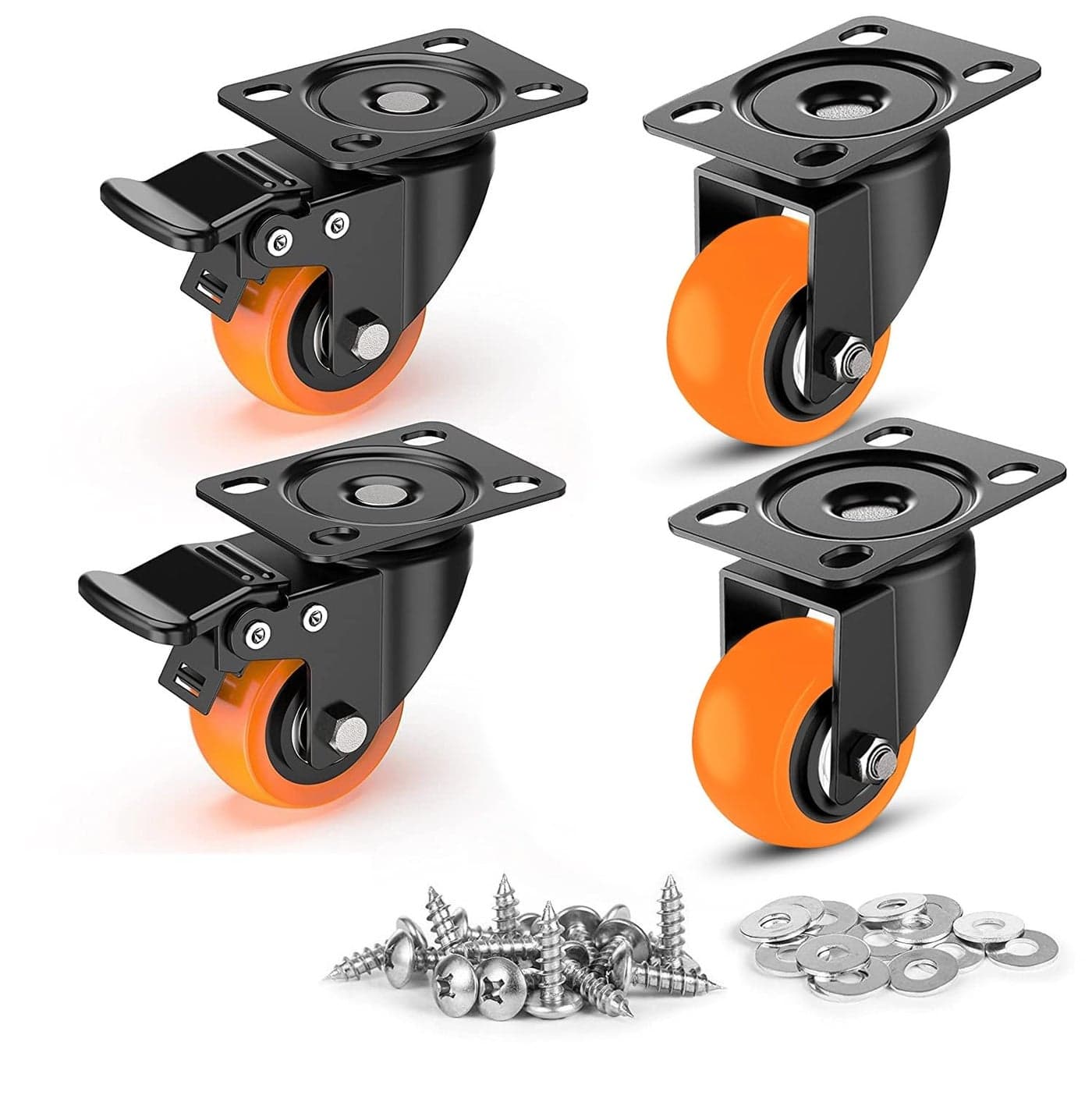 Caneuf 15 Inch HeavyDuty PU Swivel Caster Wheels Soft Rubber with 360 Rotation for Furniture Counters Trolleys Wheelchairs Beds Set of 4 2 with Brakes 2 without Brakes Orange