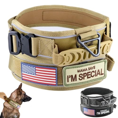 Comfluxe Tactical Dog Collar with Handle for Large Dogs, 2.5"Wide Thick Heavy Duty Metal Buckle Dog Collar with Soft Neoprene Padded Lining, Military Service Reflective Collar for Training(Khaki,L,XL)
