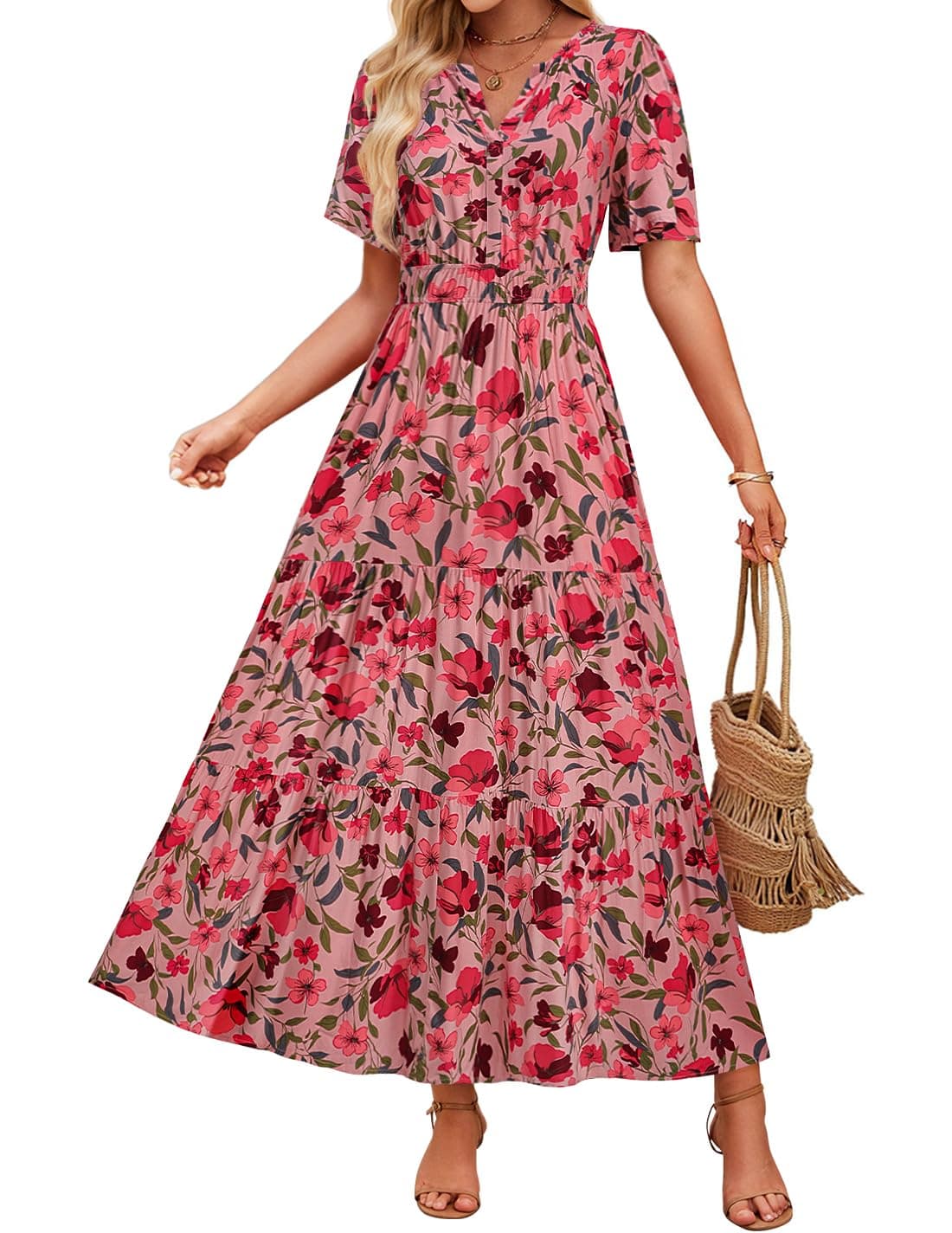 ZESICA Women's 2025 Summer Casual Floral Print Short Sleeve V Neck High Waist A Line Tiered Flowy Boho Maxi Dress,VintagePink,Small