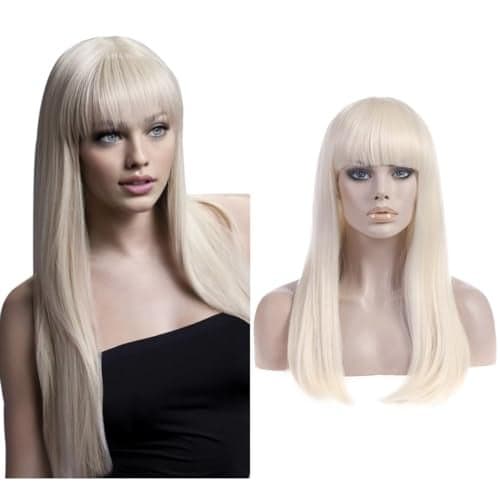 SARLA Women's Long Straight White Blonde Wig with Bangs Synthetic Hair for Cosplay Party Halloween Costume 25 Inch Adult Size