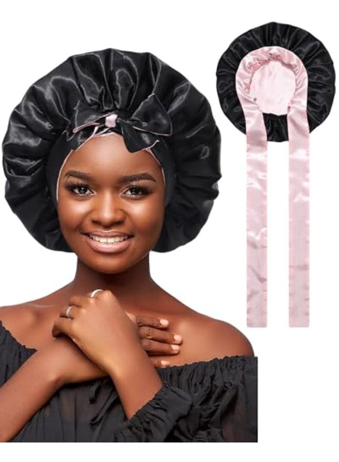 Satin Bonnet Silk Wrap for Sleeping Reversible Night Cap with Tie Band for Curly Hair Black Pink